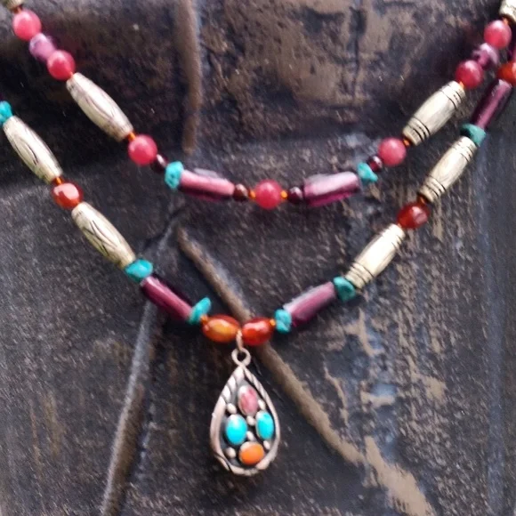 Vintage Signed Begay Navajo Turquoise, Multi-Gem Sterling Silver Necklace - Picture 6 of 8